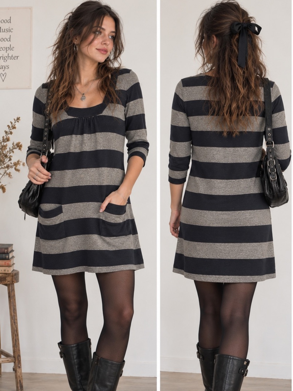 Pink Rose Iconic Navy & Gray Striped Knit Y2K 2010’s indie sleaze Preppy Dress M